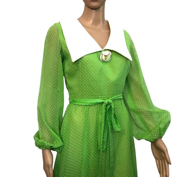SOLD Vintage 1960s Lilli Diamond Lime Green White Polka Dot Balloon Sleeve Dress - Picture 2 of 13